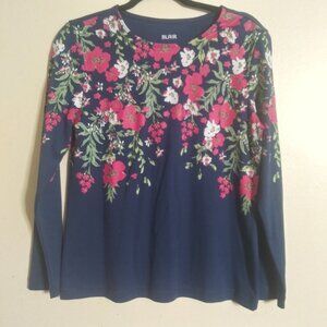 Blair Women’s Small Navy Blue Floral Print Long Sleeve Cotton Blend Top